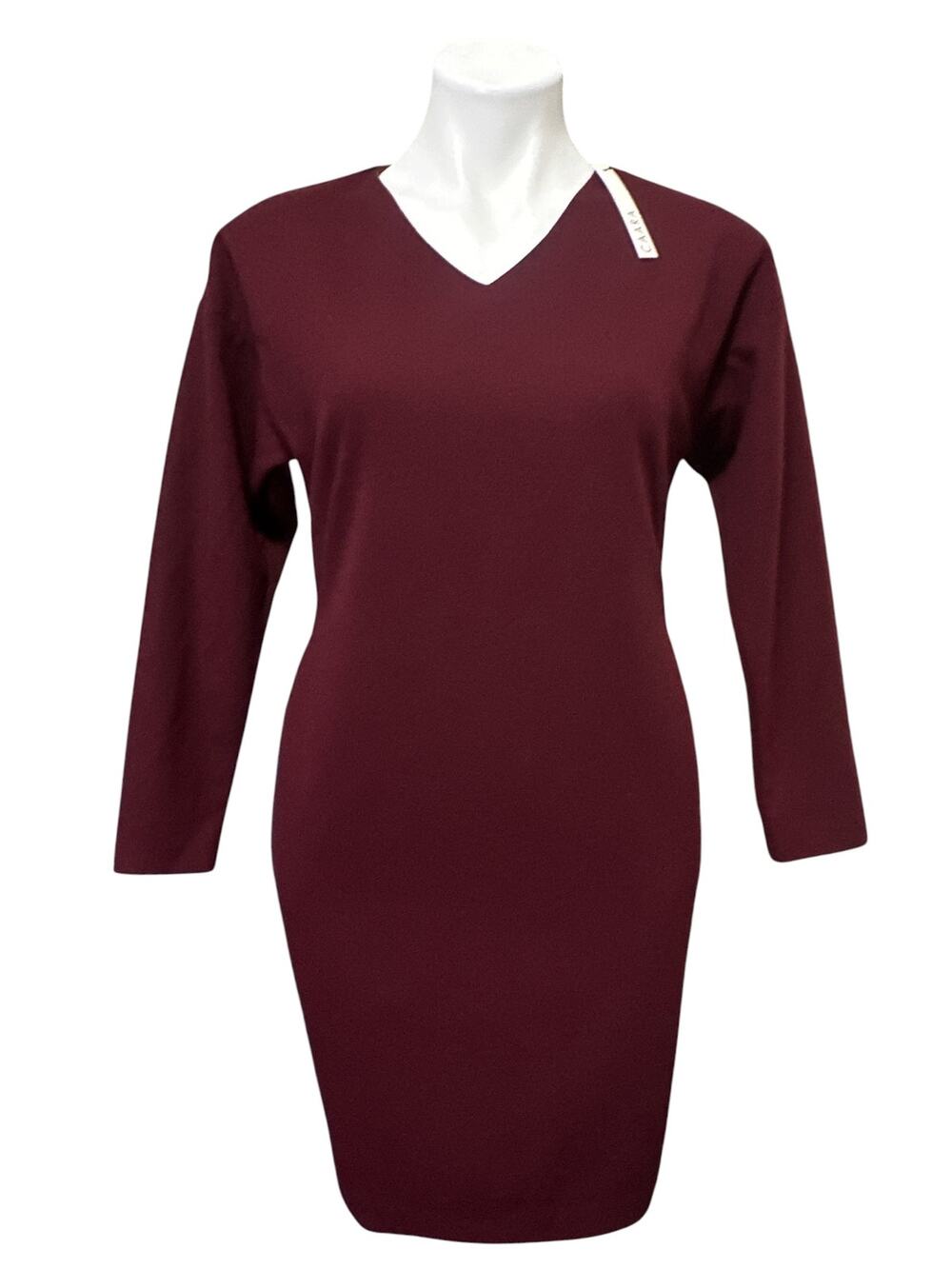 CAARA Sheath Dress Women XS Burgundy Pearl Back V-Neck Long Sleeve Pockets
